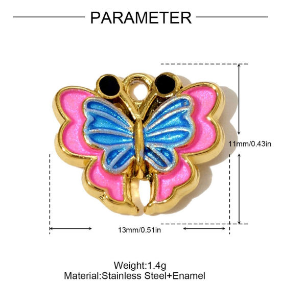 2 個 エコフレンドリー PVD 304ステンレス鋼 昆虫 チャーム 卸売り 18Kゴールドメッキ ピンク 蝶 エナメル 13mm x 11mm、 の画像