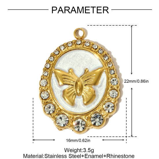 2 個 エコフレンドリー PVD 304ステンレス鋼 昆虫 チャーム 卸売り 18Kゴールドメッキ 白 楕円形 蝶 エナメル 透明 ラインストーン 22mm x 16mm、 の画像