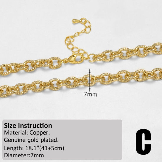 Image de 1 Pièce Colliers En Gros Chaîne Maille Forçat en Laiton Plaqué Or 18K 41cm + 5cm long, Taille de la Chaîne: 7mm