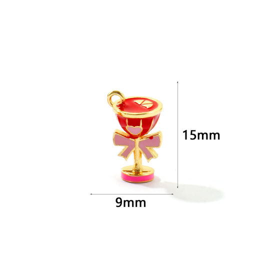 2 個 真鍮 チャーム 卸売り 18Kゴールドメッキ 赤 エナメル ワイングラス 3D 15mm x 9mm、 の画像
