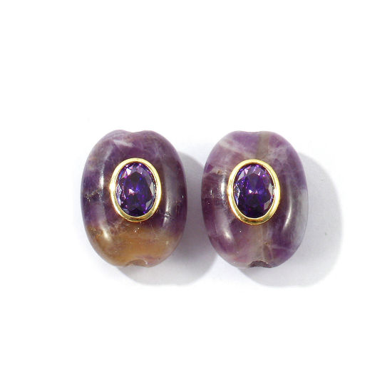 Image de 1 Pièce Perles pour DIY Fabrication de Bijoux En Gros Géométrique en Gemme & Laiton Respectueux de la Nature Plaqué Or Véritable 18K Violet Ovale à Zircone Cubique Pourpre 20mm x 15mm, Trou: env. 3mm