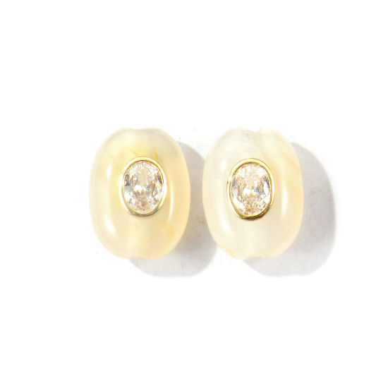 Image de 1 Pièce Perles pour DIY Fabrication de Bijoux En Gros Géométrique en Gemme & Laiton Respectueux de la Nature Plaqué Or Véritable 18K Blanc Ovale à Zircone Cubique Clair 20mm x 15mm, Trou: env. 3mm