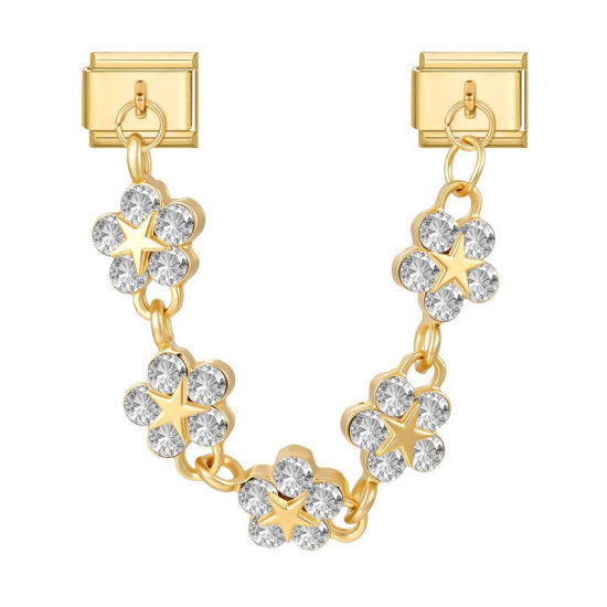 Picture of 1 Piece 304 Stainless Steel Exquisite Italian Charm Connected Chain Double Links For DIY Modular Bracelet Watch Jewelry Making, With Zinc Alloy Pendant Flower Star Clear Rhinestone Gold Plated - Wholesale, 10mm x 9mm