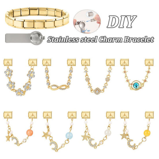 Picture of 1 Piece 304 Stainless Steel Exquisite Italian Charm Connected Chain Double Links For DIY Modular Bracelet Watch Jewelry Making, With Zinc Alloy Pendant Flower Star Clear Rhinestone Gold Plated - Wholesale, 10mm x 9mm