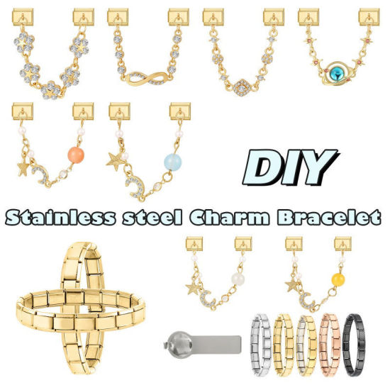 Picture of 1 Piece 304 Stainless Steel Exquisite Italian Charm Connected Chain Double Links For DIY Modular Bracelet Watch Jewelry Making, With Zinc Alloy Pendant Flower Star Clear Rhinestone Gold Plated - Wholesale, 10mm x 9mm