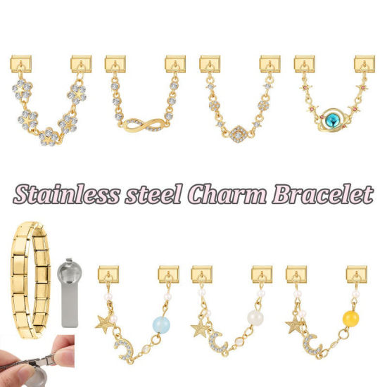 Picture of 1 Piece 304 Stainless Steel Exquisite Italian Charm Connected Chain Double Links For DIY Modular Bracelet Watch Jewelry Making, With Zinc Alloy Pendant Flower Star Clear Rhinestone Gold Plated - Wholesale, 10mm x 9mm