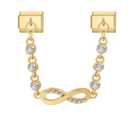 Picture of 1 Piece 304 Stainless Steel Exquisite Italian Charm Connected Chain Double Links For DIY Modular Bracelet Watch Jewelry Making, With Zinc Alloy Pendant Infinity Symbol Clear Rhinestone Gold Plated - Wholesale, 10mm x 9mm