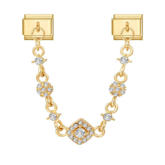 Picture of 1 Piece 304 Stainless Steel Exquisite Italian Charm Connected Chain Double Links For DIY Modular Bracelet Watch Jewelry Making, With Zinc Alloy Pendant Rhombus Clear Rhinestone Gold Plated - Wholesale, 10mm x 9mm