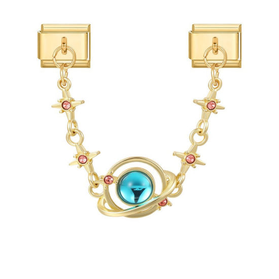 Picture of 1 Piece 304 Stainless Steel Exquisite Italian Charm Connected Chain Double Links For DIY Modular Bracelet Watch Jewelry Making, With Zinc Alloy Pendant Planet Star Blue Pink Rhinestone Gold Plated - Wholesale, 10mm x 9mm
