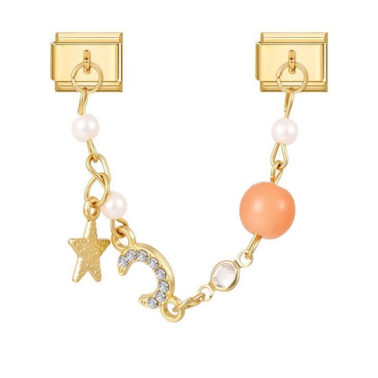 Picture of 1 Piece 304 Stainless Steel Exquisite Italian Charm Connected Chain Double Links For DIY Modular Bracelet Watch Jewelry Making, With Zinc Alloy Pendant Half Moon Star Orange Pink Beaded Clear Rhinestone Gold Plated - Wholesale, 10mm x 9mm
