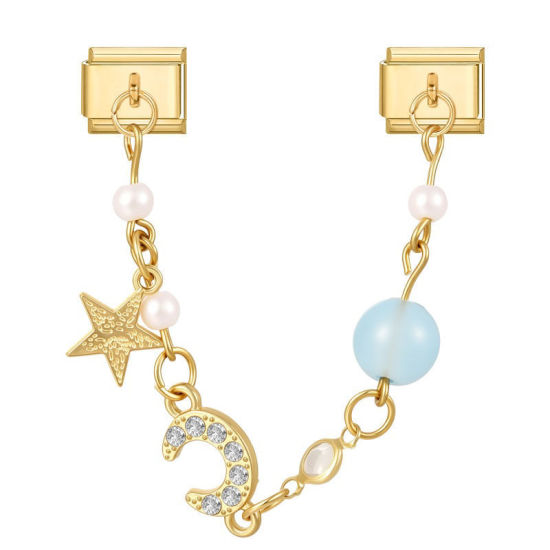 Picture of 1 Piece 304 Stainless Steel Exquisite Italian Charm Connected Chain Double Links For DIY Modular Bracelet Watch Jewelry Making, With Zinc Alloy Pendant Half Moon Star Light Blue Beaded Clear Rhinestone Gold Plated - Wholesale, 10mm x 9mm