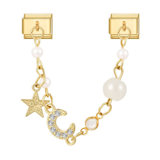 Picture of 1 Piece 304 Stainless Steel Exquisite Italian Charm Connected Chain Double Links For DIY Modular Bracelet Watch Jewelry Making, With Zinc Alloy Pendant Half Moon Star White Beaded Clear Rhinestone Gold Plated - Wholesale, 10mm x 9mm