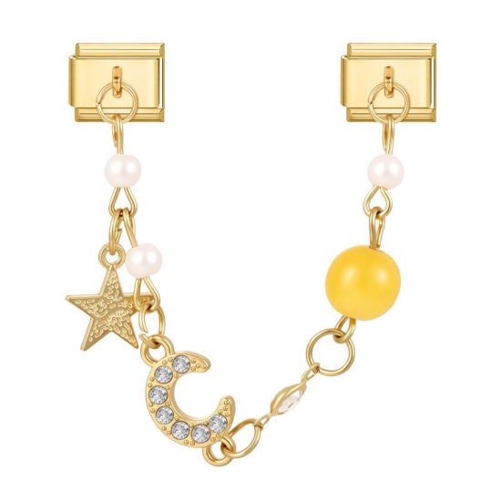 Picture of 1 Piece 304 Stainless Steel Exquisite Italian Charm Connected Chain Double Links For DIY Modular Bracelet Watch Jewelry Making, With Zinc Alloy Pendant Half Moon Star Yellow Beaded Clear Rhinestone Gold Plated - Wholesale, 10mm x 9mm