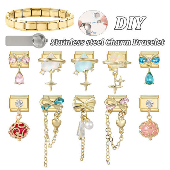 Image de 1 Pièce Maillons de Charme Italiens pour la Fabrication de Bijoux de Montres-Bracelets Modulables à Faire Soi-Même En Gros Exquis en 304 Acier Inoxydable Doré Rectangle Nœuds Papillons à Strass Rose 10mm x 9mm