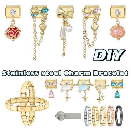 Image de 1 Pièce Maillons de Charme Italiens pour la Fabrication de Bijoux de Montres-Bracelets Modulables à Faire Soi-Même En Gros Exquis en 304 Acier Inoxydable Doré Rectangle Nœuds Papillons à Strass Rose 10mm x 9mm
