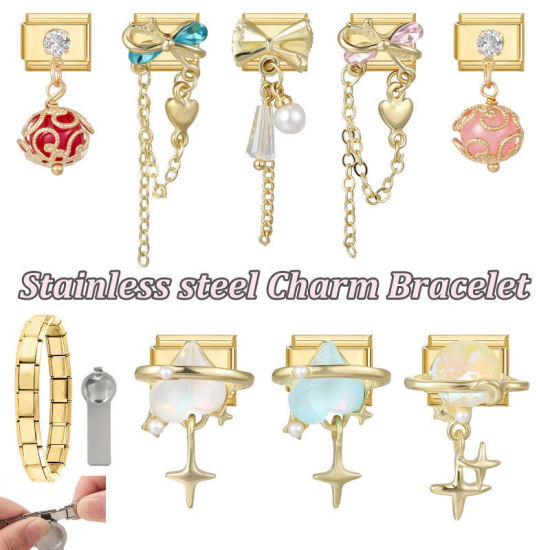 Image de 1 Pièce Maillons de Charme Italiens pour la Fabrication de Bijoux de Montres-Bracelets Modulables à Faire Soi-Même En Gros Exquis en 304 Acier Inoxydable Doré Rectangle Nœuds Papillons à Strass Rose 10mm x 9mm