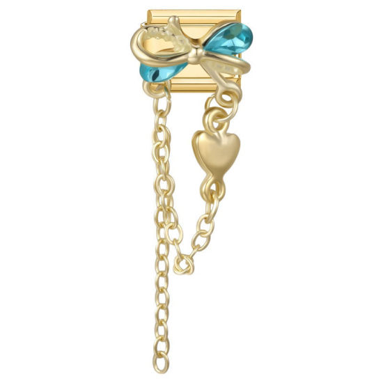 Image de 1 Pièce Maillons de Charme Italiens pour la Fabrication de Bijoux de Montres-Bracelets Modulables à Faire Soi-Même En Gros Exquis en 304 Acier Inoxydable Doré Rectangle Nœuds Papillons à Strass Bleu-Vert 10mm x 9mm