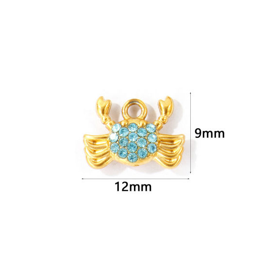 2 個 エコフレンドリー PVD 304ステンレス鋼 海ジュエリー チャーム 卸売り 18Kゴールドメッキ カニ マイクロパヴェ 緑青 ラインストーン 12mm x 9mm、 の画像