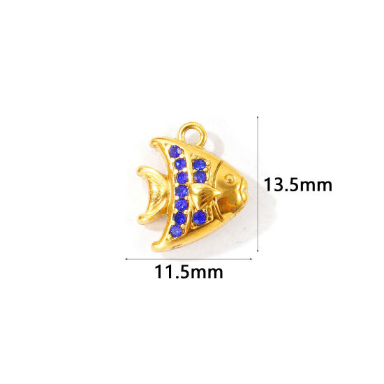 2 個 エコフレンドリー PVD 304ステンレス鋼 海ジュエリー チャーム 卸売り 18Kゴールドメッキ 熱帯魚 マイクロパヴェ サファイア・ブルー ラインストーン 13.5mm x 11.5mm、 の画像