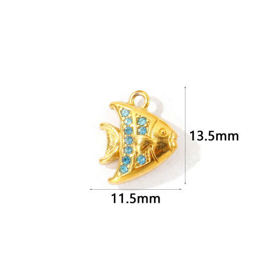2 個 エコフレンドリー PVD 304ステンレス鋼 海ジュエリー チャーム 卸売り 18Kゴールドメッキ 熱帯魚 マイクロパヴェ 緑青 ラインストーン 13.5mm x 11.5mm、 の画像