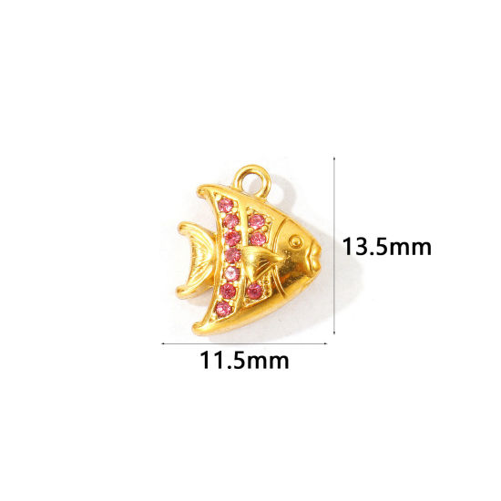 2 個 エコフレンドリー PVD 304ステンレス鋼 海ジュエリー チャーム 卸売り 18Kゴールドメッキ 熱帯魚 マイクロパヴェ ピンク ラインストーン 13.5mm x 11.5mm、 の画像