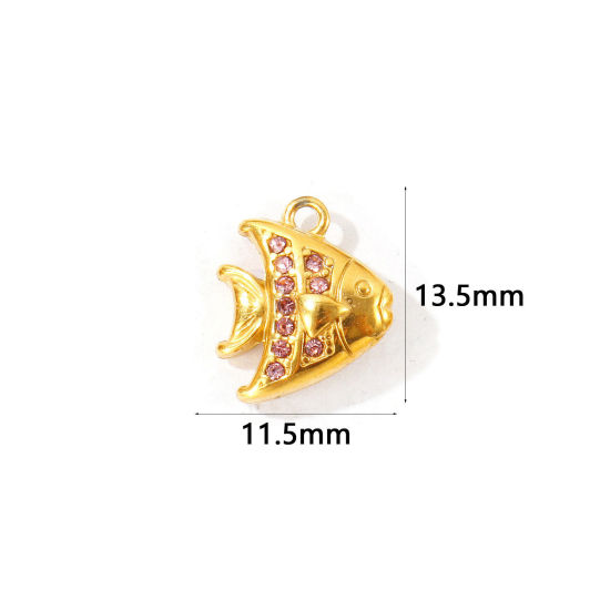 2 個 エコフレンドリー PVD 304ステンレス鋼 海ジュエリー チャーム 卸売り 18Kゴールドメッキ 熱帯魚 マイクロパヴェ 薄いピンク ラインストーン 13.5mm x 11.5mm、 の画像
