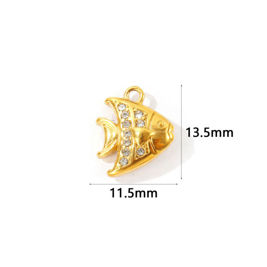 2 個 エコフレンドリー PVD 304ステンレス鋼 海ジュエリー チャーム 卸売り 18Kゴールドメッキ 熱帯魚 マイクロパヴェ 透明 ラインストーン 13.5mm x 11.5mm、 の画像