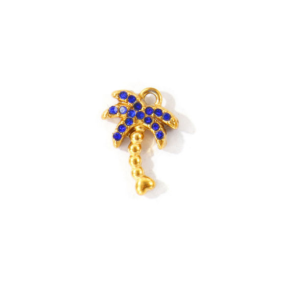 Picture of 2 PCs Eco-friendly PVD 304 Stainless Steel Charms Wholesale 18K Gold Plated Coconut Palm Tree Micro Pave Royal Blue Rhinestone 14mm x 10mm