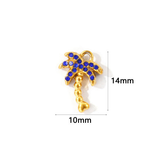 Picture of 2 PCs Eco-friendly PVD 304 Stainless Steel Charms Wholesale 18K Gold Plated Coconut Palm Tree Micro Pave Royal Blue Rhinestone 14mm x 10mm