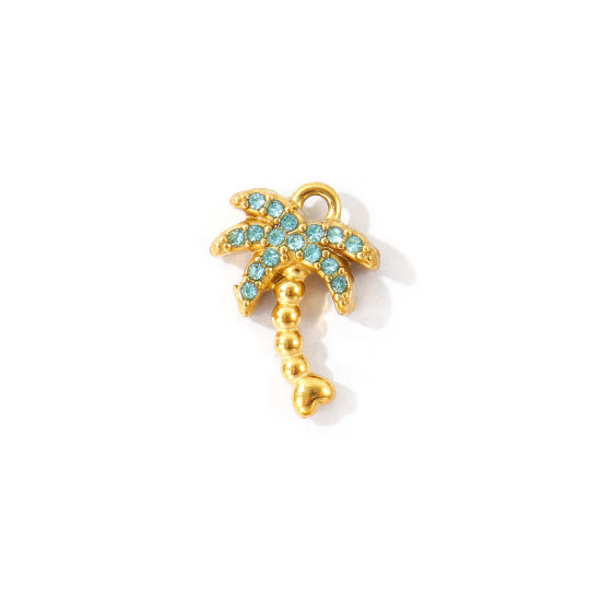Picture of 2 PCs Eco-friendly PVD 304 Stainless Steel Charms Wholesale 18K Gold Plated Coconut Palm Tree Micro Pave Green Blue Rhinestone 14mm x 10mm