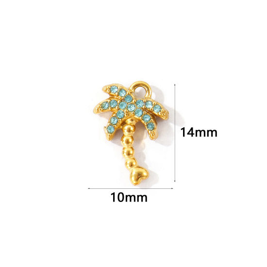 Picture of 2 PCs Eco-friendly PVD 304 Stainless Steel Charms Wholesale 18K Gold Plated Coconut Palm Tree Micro Pave Green Blue Rhinestone 14mm x 10mm