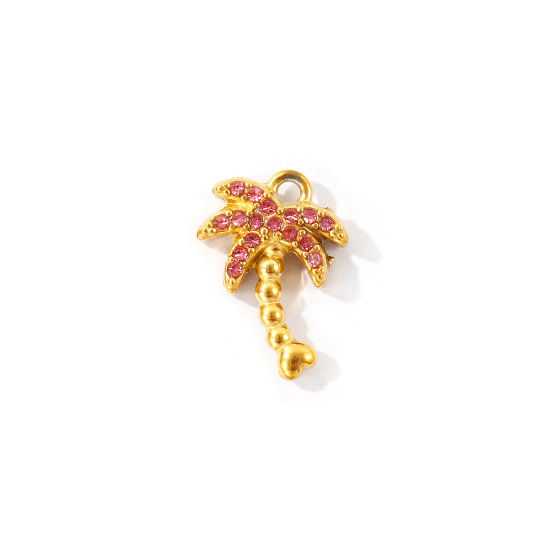 Picture of 2 PCs Eco-friendly PVD 304 Stainless Steel Charms Wholesale 18K Gold Plated Coconut Palm Tree Micro Pave Pink Rhinestone 14mm x 10mm