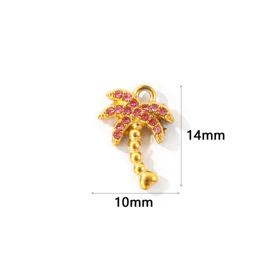 Picture of 2 PCs Eco-friendly PVD 304 Stainless Steel Charms Wholesale 18K Gold Plated Coconut Palm Tree Micro Pave Pink Rhinestone 14mm x 10mm
