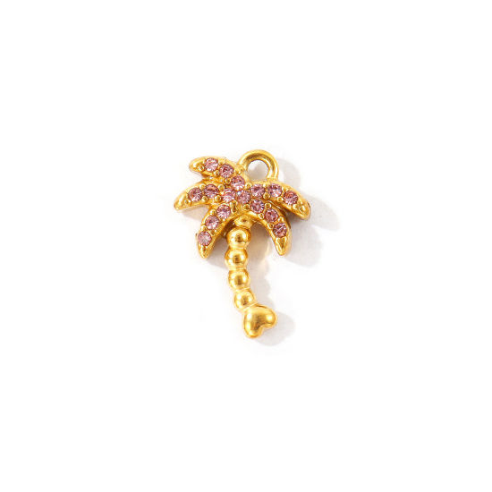 Picture of 2 PCs Eco-friendly PVD 304 Stainless Steel Charms Wholesale 18K Gold Plated Coconut Palm Tree Micro Pave Light Pink Rhinestone 14mm x 10mm