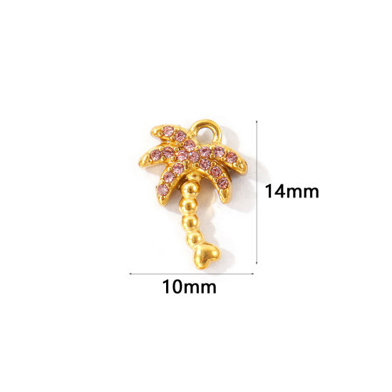 Picture of 2 PCs Eco-friendly PVD 304 Stainless Steel Charms Wholesale 18K Gold Plated Coconut Palm Tree Micro Pave Light Pink Rhinestone 14mm x 10mm