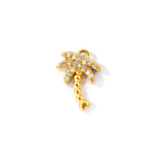Picture of 2 PCs Eco-friendly PVD 304 Stainless Steel Charms Wholesale 18K Gold Plated Coconut Palm Tree Micro Pave Clear Rhinestone 14mm x 10mm