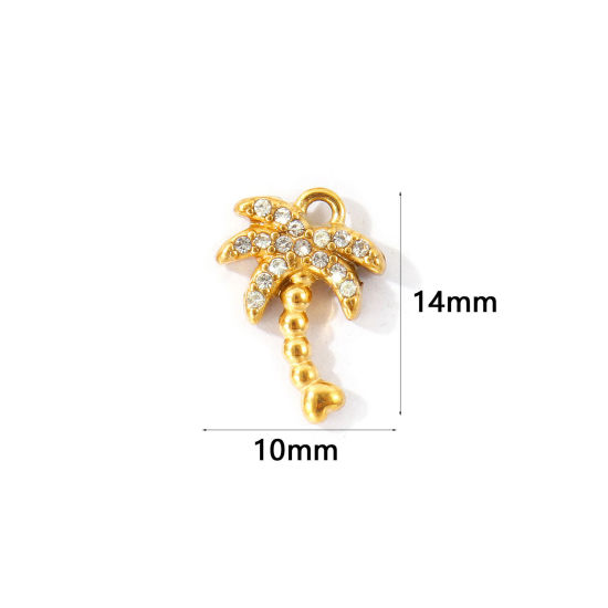 Picture of 2 PCs Eco-friendly PVD 304 Stainless Steel Charms Wholesale 18K Gold Plated Coconut Palm Tree Micro Pave Clear Rhinestone 14mm x 10mm