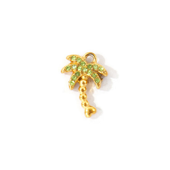 Picture of 2 PCs Eco-friendly PVD 304 Stainless Steel Charms Wholesale 18K Gold Plated Coconut Palm Tree Micro Pave Light Green Rhinestone 14mm x 10mm