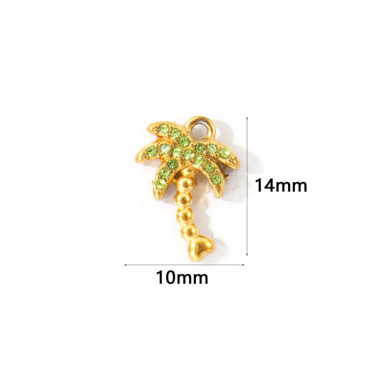 Picture of 2 PCs Eco-friendly PVD 304 Stainless Steel Charms Wholesale 18K Gold Plated Coconut Palm Tree Micro Pave Light Green Rhinestone 14mm x 10mm