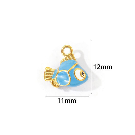 1 個 エコフレンドリー PVD 304ステンレス鋼 海ジュエリー チャーム 卸売り 18Kゴールドメッキ 青 エナメル 魚 3D 12mm x 11mm、 の画像