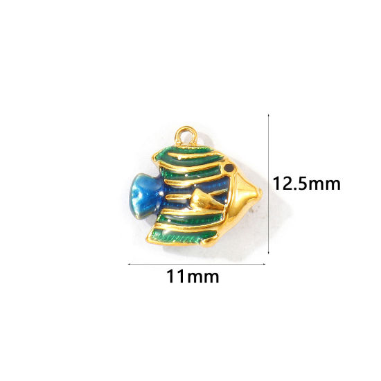 1 個 エコフレンドリー PVD 304ステンレス鋼 海ジュエリー チャーム 卸売り 18Kゴールドメッキ 濃緑 エナメル 熱帯魚 3D 12.5mm x 11mm、 の画像