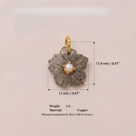 Picture of 1 Piece Brass & Resin Charms Wholesale 18K Gold Plated Gray Flower Acrylic Imitation Pearl 12mm x 11.9mm