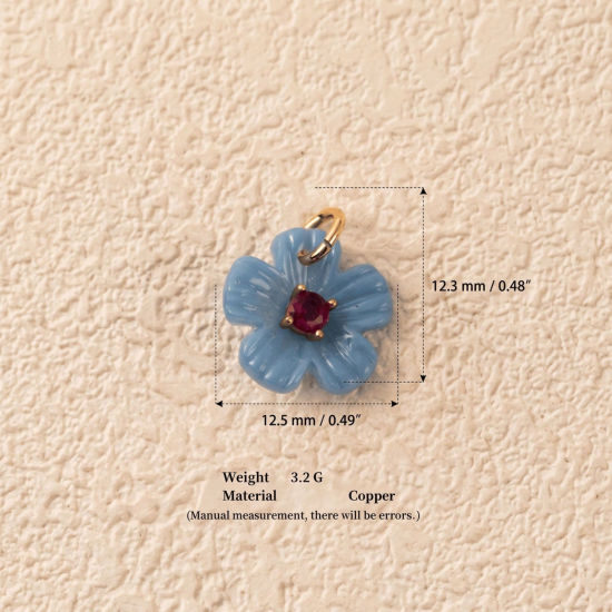 Picture of 1 Piece Brass & Resin Charms Wholesale 18K Gold Plated Blue Flower Red Cubic Zirconia 12.5mm x 12.3mm