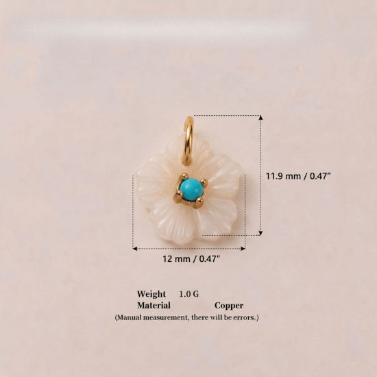 Picture of 1 Piece Brass & Resin Charms Wholesale 18K Gold Plated White Flower Blue Cubic Zirconia 12mm x 11.9mm