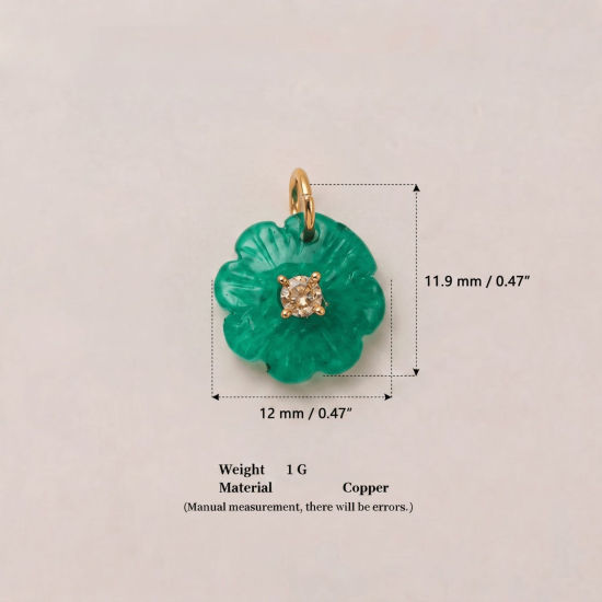 Picture of 1 Piece Brass & Resin Charms Wholesale 18K Gold Plated Green Flower Clear Cubic Zirconia 12mm x 11.9mm