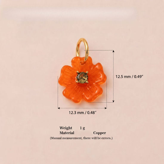 Picture of 1 Piece Brass & Resin Charms Wholesale 18K Gold Plated Orange Flower Olive Green Cubic Zirconia 12.5mm x 12.3mm