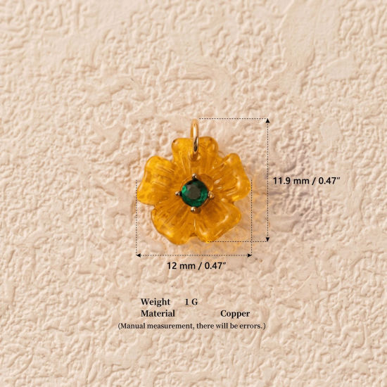 Picture of 1 Piece Brass & Resin Charms Wholesale 18K Gold Plated Yellow Flower Green Cubic Zirconia 12mm x 11.9mm