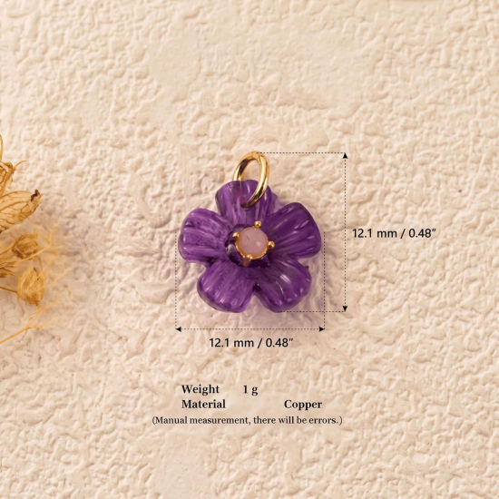 Picture of 1 Piece Brass & Resin Charms Wholesale 18K Gold Plated Purple Flower Light Pink Cubic Zirconia 12.1mm x 12.1mm