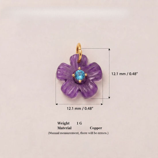 Picture of 1 Piece Brass & Resin Charms Wholesale 18K Gold Plated Purple Flower Blue Cubic Zirconia 12.1mm x 12.1mm
