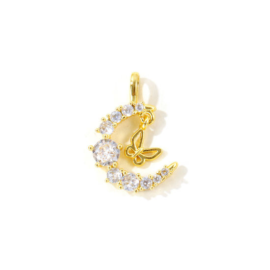 Picture of 2 PCs Brass Galaxy Charms Wholesale 18K Gold Plated Half Moon Butterfly Clear Cubic Zirconia 20mm x 15mm